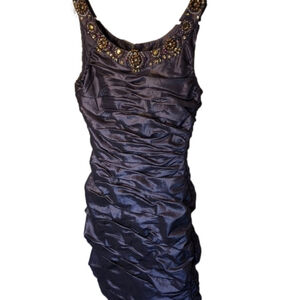 Cachet purple ruched jewelled neckline taffeta dress Size 6